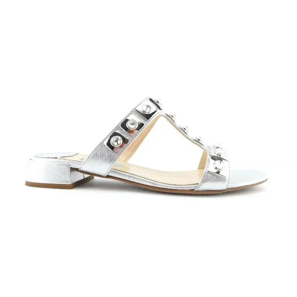 PRADA Crystal Embellished Silver Saffiano T-Strap Block Heel Slide Sandals 37.5 - Picture 3 of 10